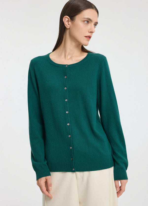 Denner women's cashmere Crew Neck Cardigan in Tabriz Teal