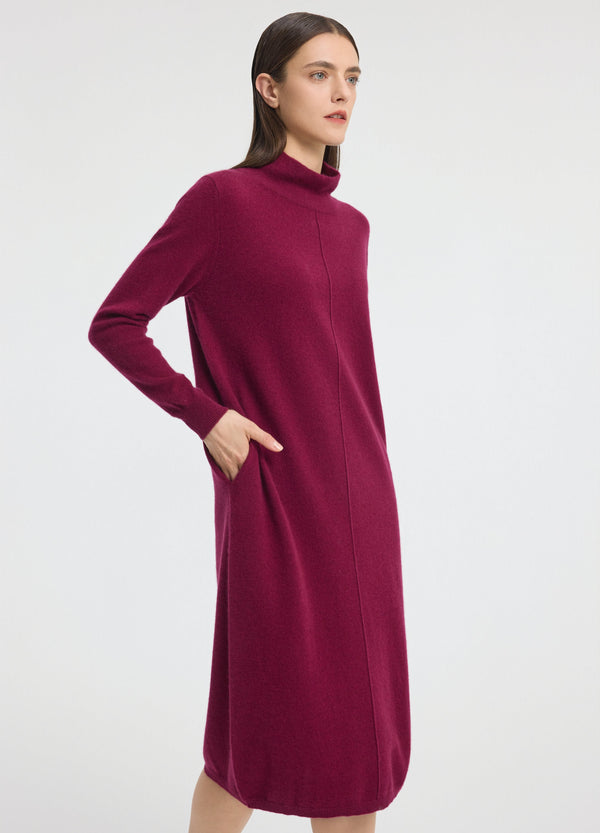 Denner women's cashmere Relaxed Funnel Neck Dress in Ruby