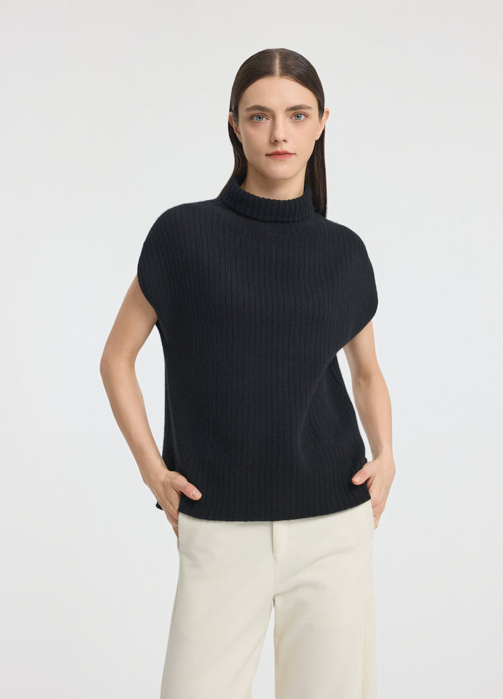 Cashmere Ribbed High-Neck Cap-Sleeve Top