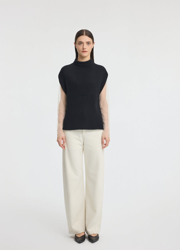 Cashmere Ribbed High-Neck Cap-Sleeve Top