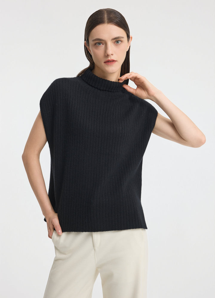 Cashmere Ribbed High-Neck Cap-Sleeve Top