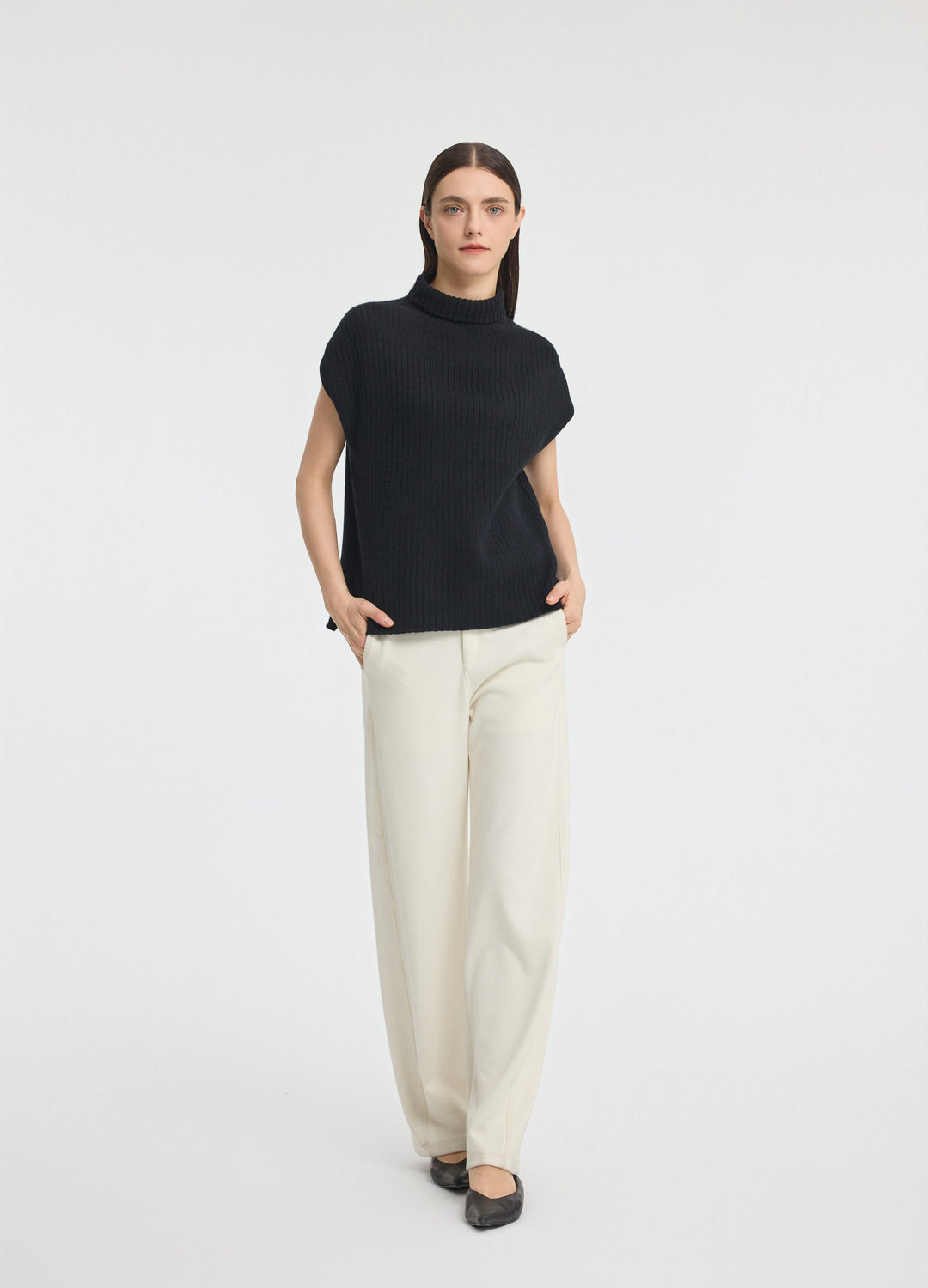 Cashmere Ribbed High-Neck Cap-Sleeve Top