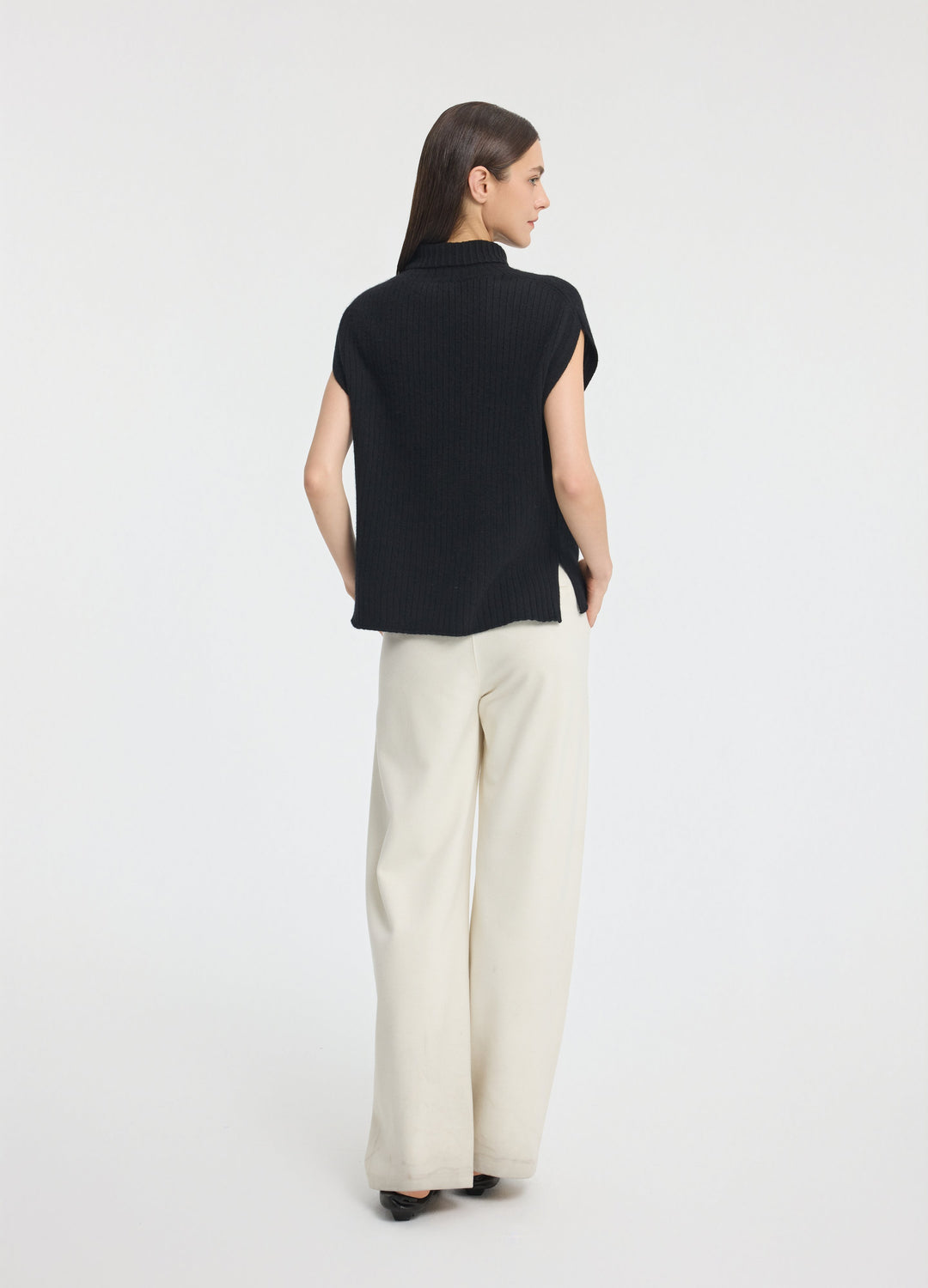 Cashmere Ribbed High-Neck Cap-Sleeve Top