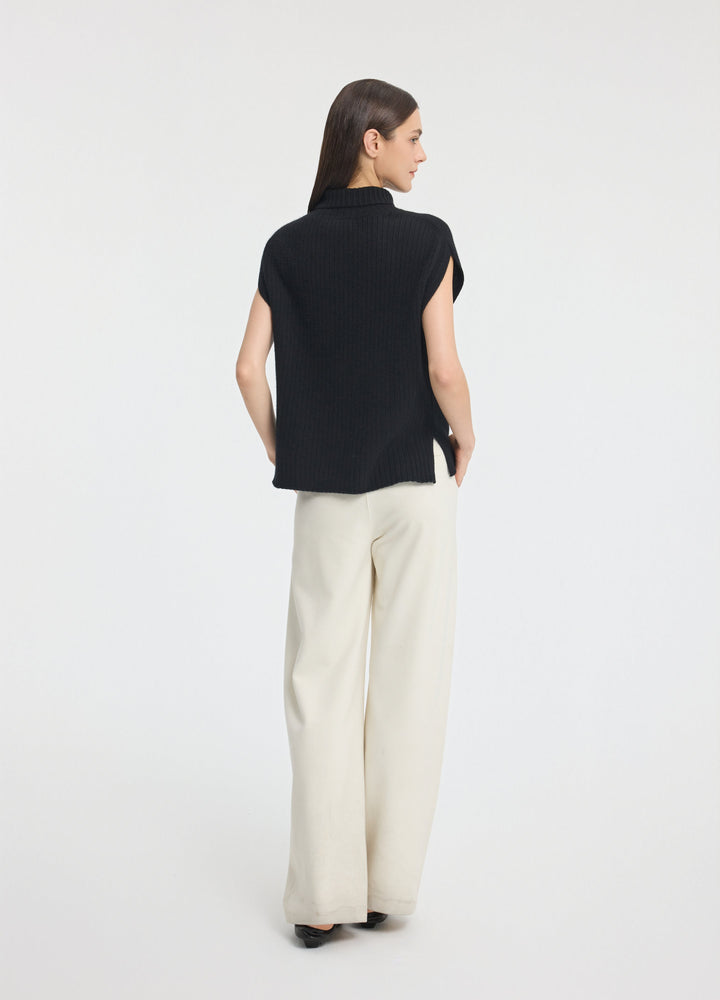 Cashmere Ribbed High-Neck Cap-Sleeve Top