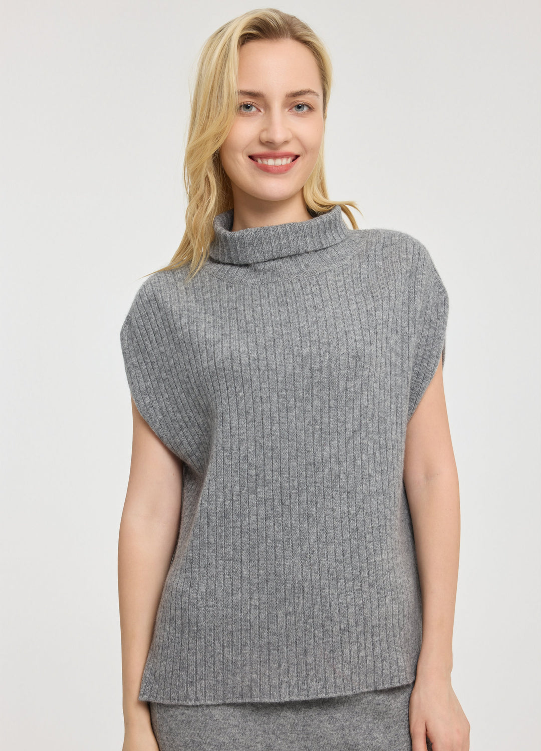 Cashmere Ribbed High-Neck Cap-Sleeve Top