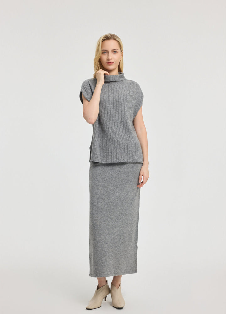 Cashmere Ribbed High-Neck Cap-Sleeve Top