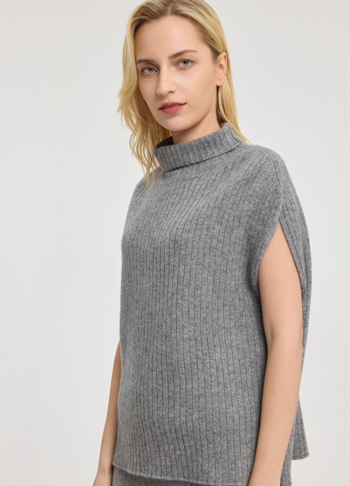 Cashmere Ribbed High-Neck Cap-Sleeve Top