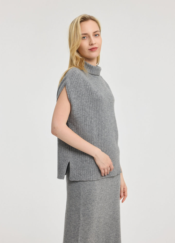Cashmere Ribbed High-Neck Cap-Sleeve Top