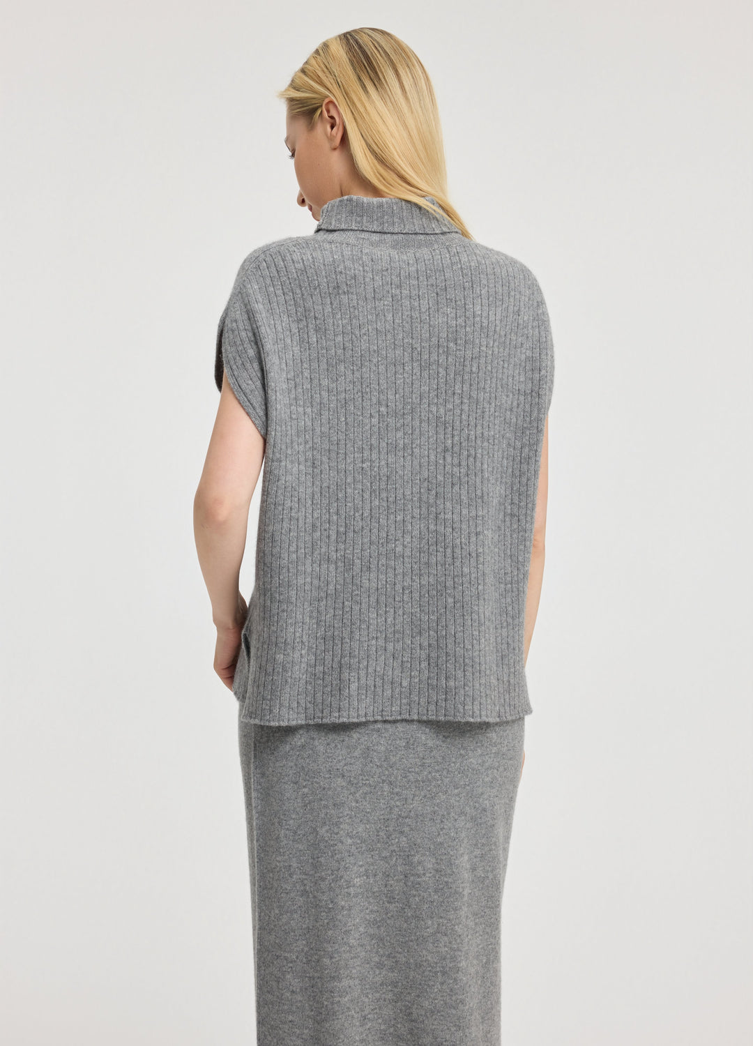 Cashmere Ribbed High-Neck Cap-Sleeve Top