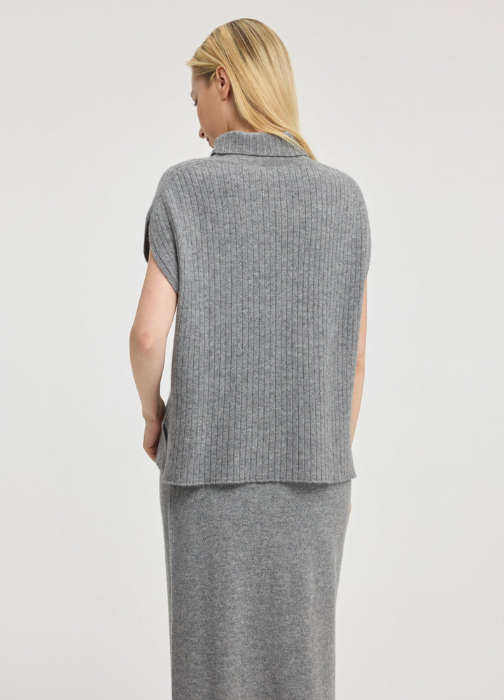 Cashmere Ribbed High-Neck Cap-Sleeve Top