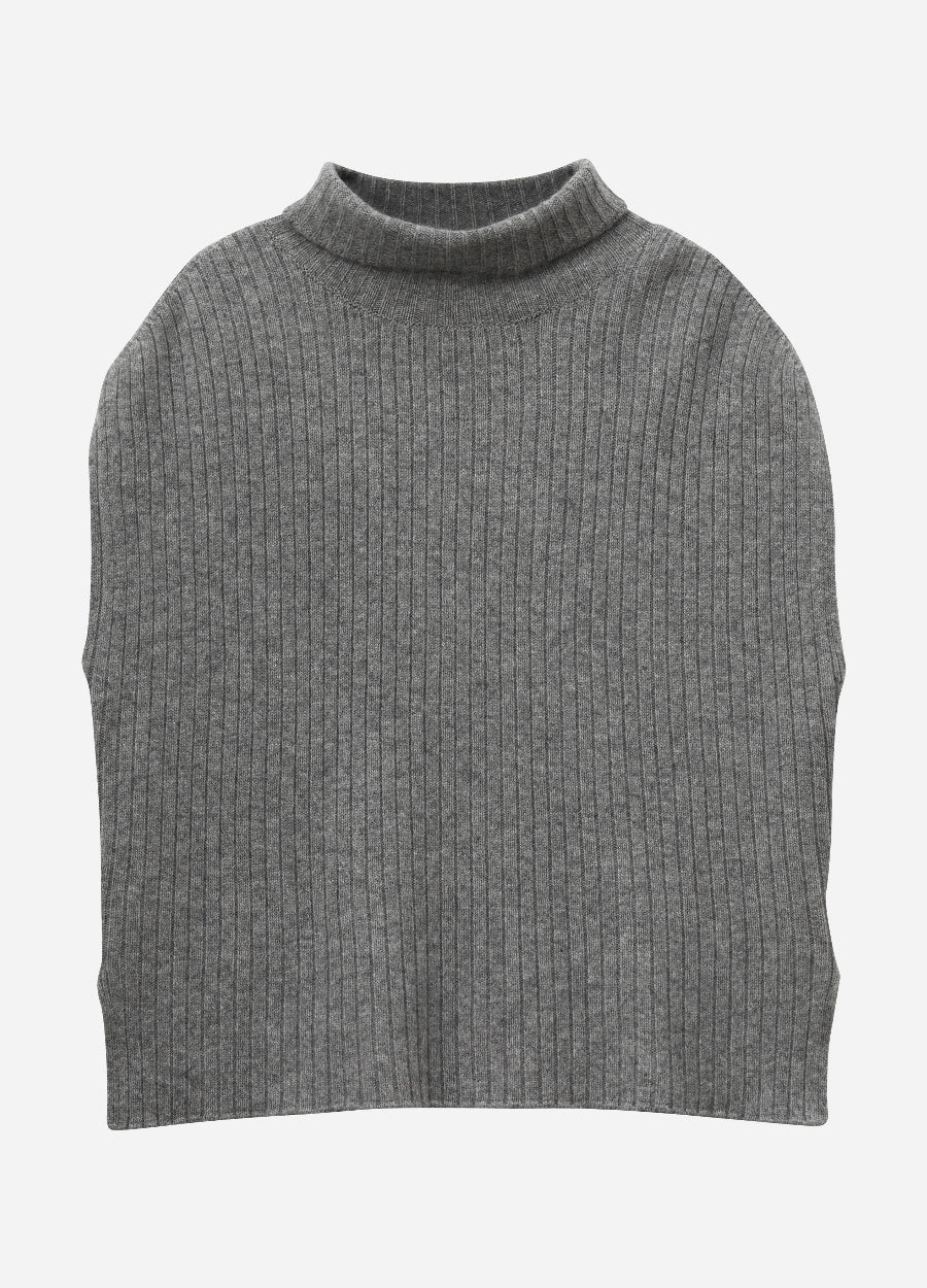 Cashmere Ribbed High-Neck Cap-Sleeve Top