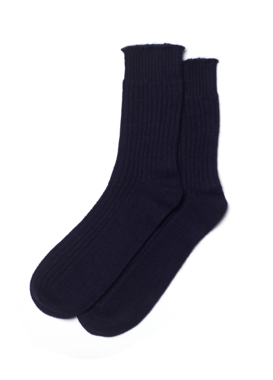Denner men's cashmere Ribbed Socks in Navy, view 2