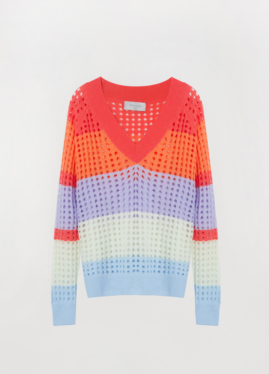 Denner women's merino and cashmere blend Sloane Vee in Rainbow Stripes, view 2