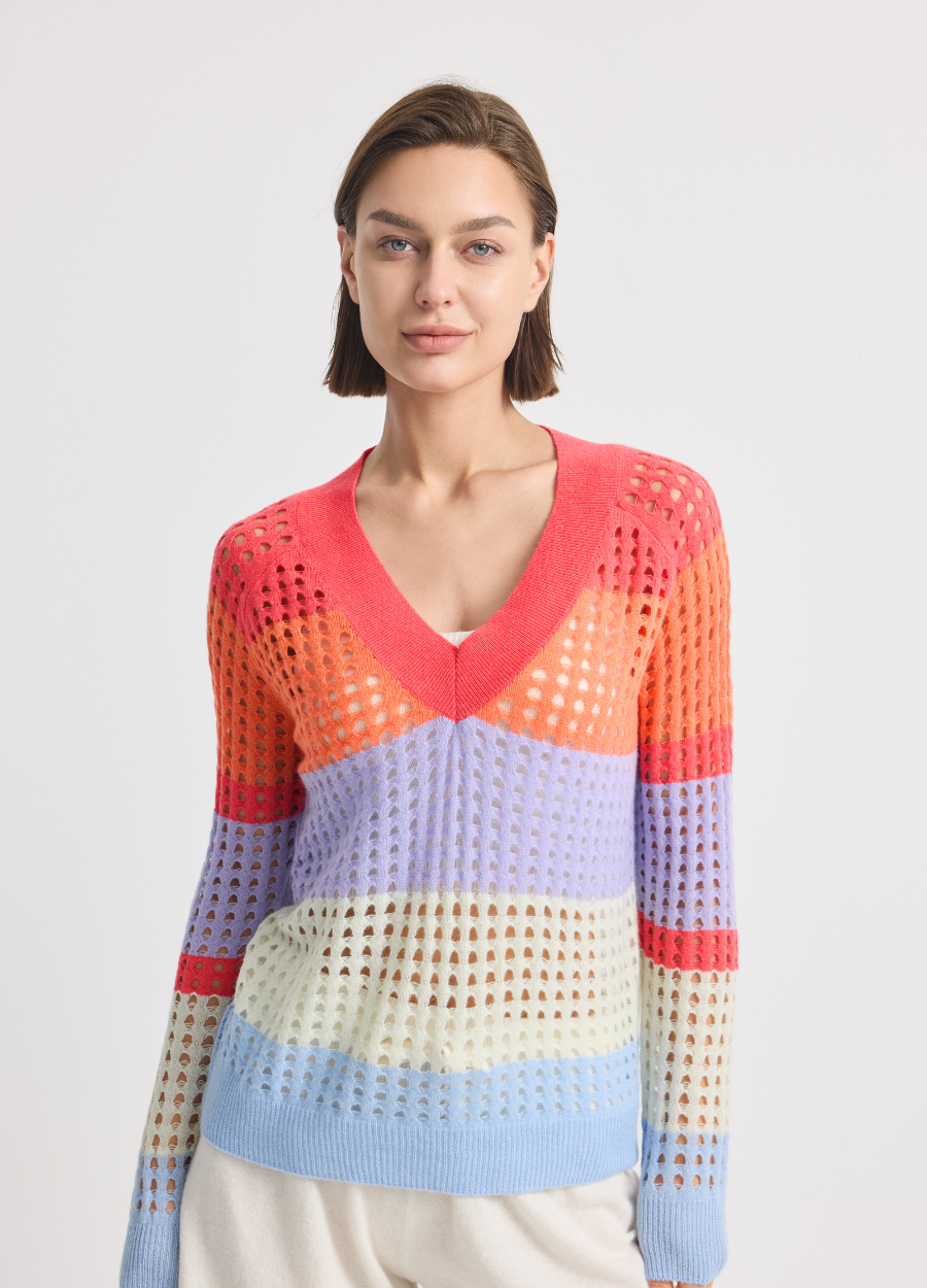 Denner women's merino and cashmere blend Sloane Vee in Rainbow Stripes