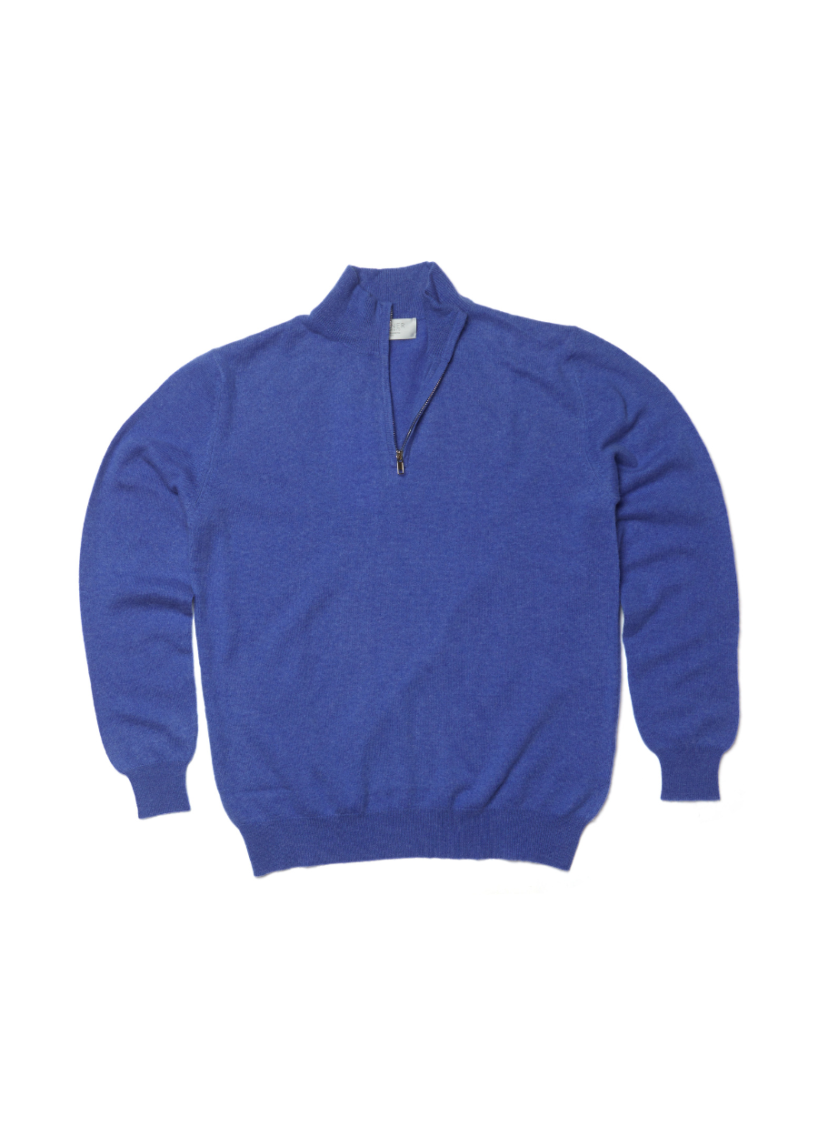 Denner men's half zip cashmere jumper in Carolina blue, flat lay