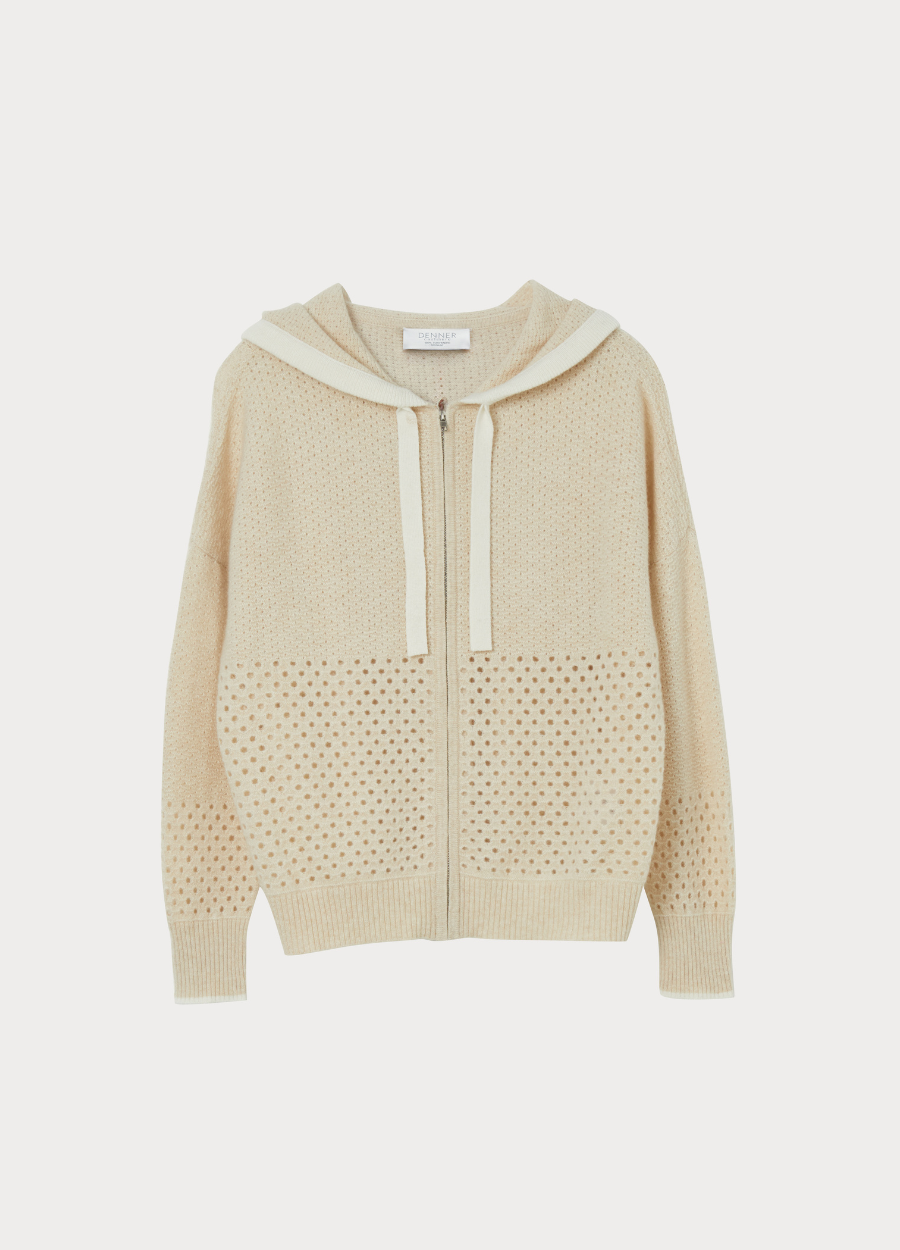 Denner women's cashmere Wimbledon Zip Hoodie in Antique White, view 2