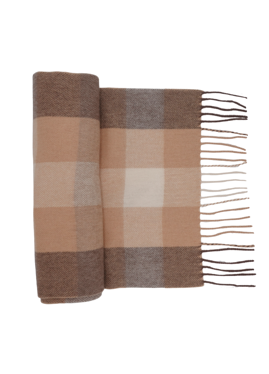 Denner cashmere Woven Short Checked Scarf in Camel